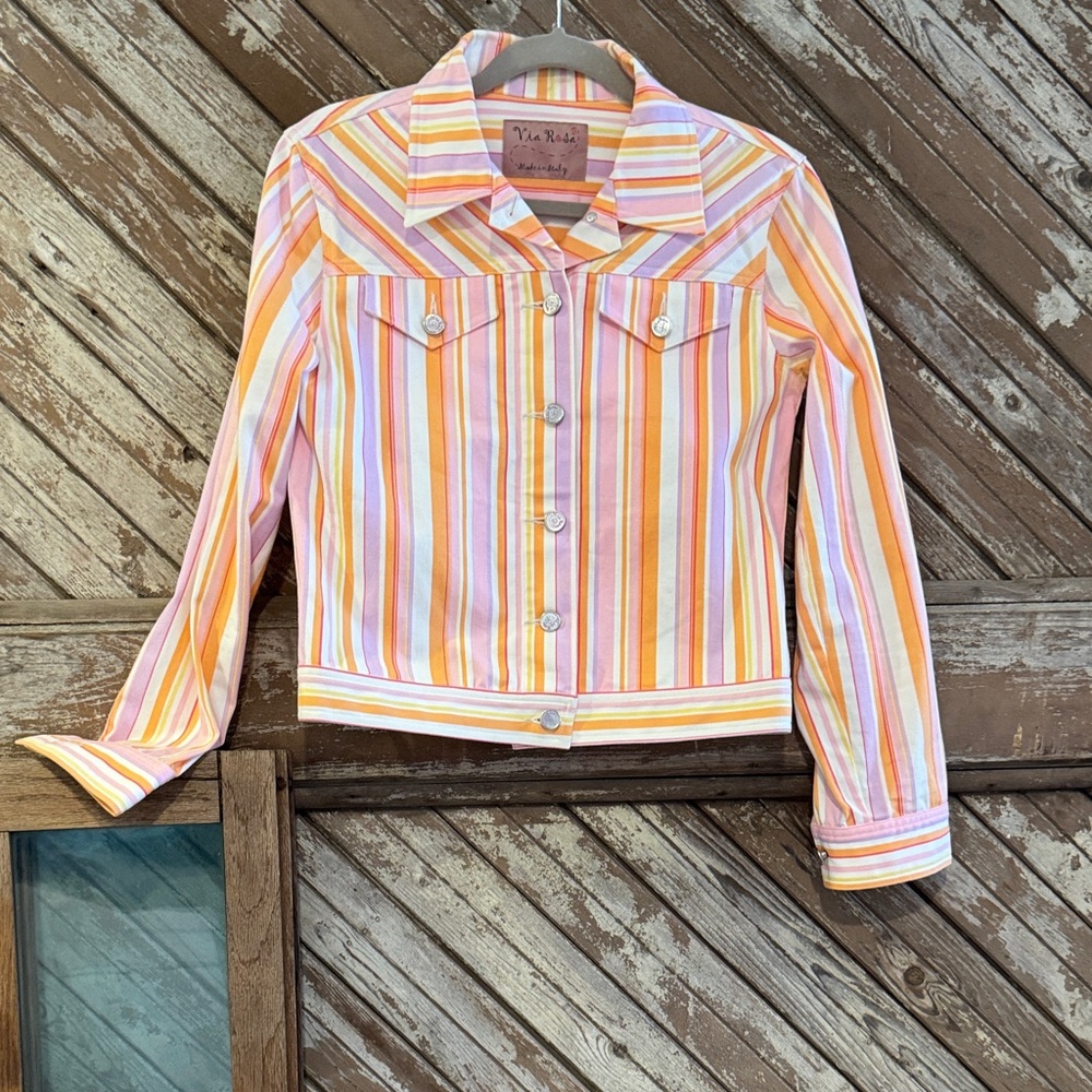 Via Rosa Made in Italy Women's Striped Jean Jacket - Orange and Pink purple yel